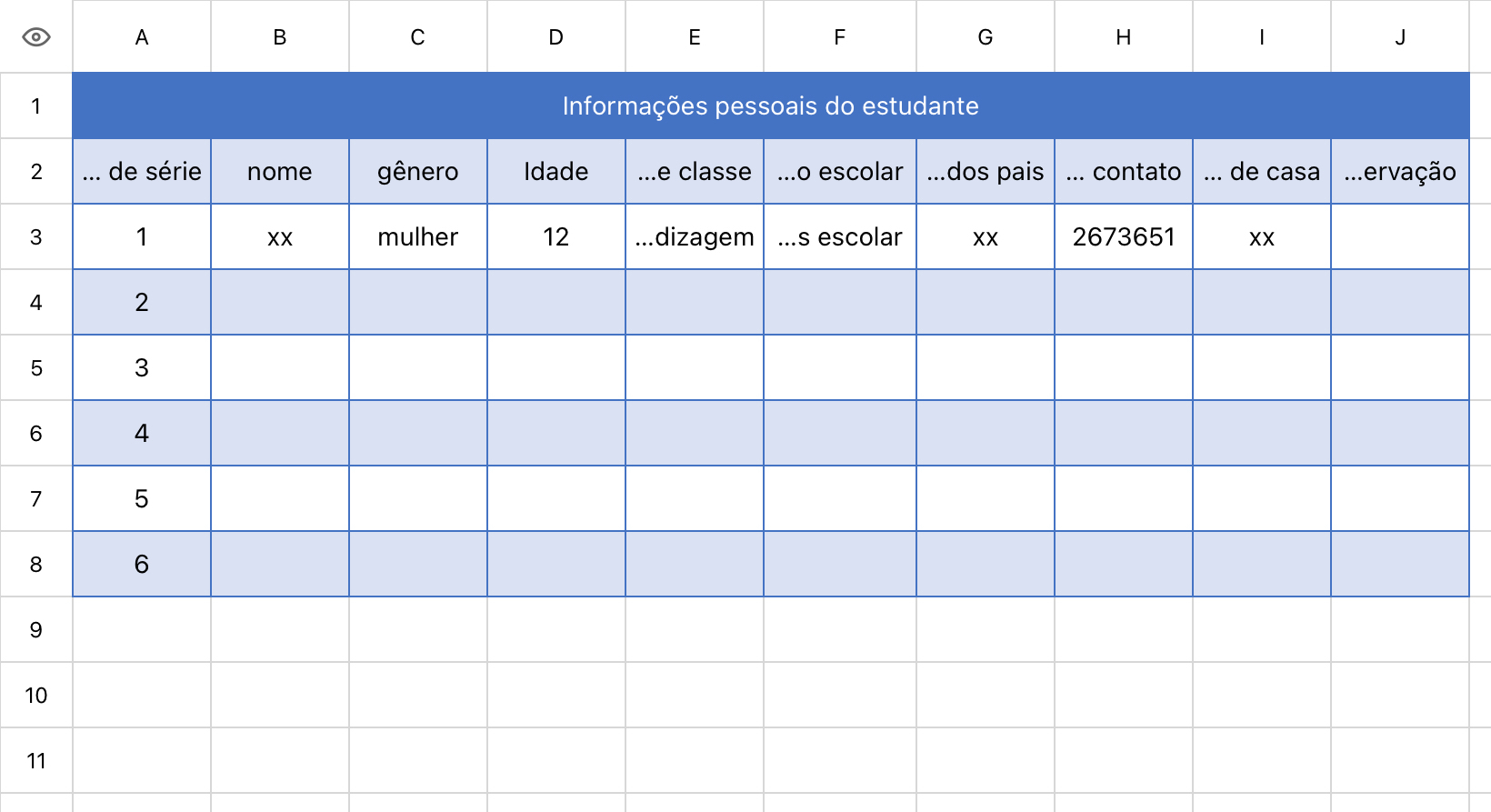 Informações pessoais do estudante